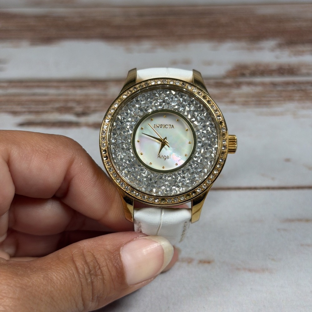 Invicta Angel 24589 Women's Quartz Watch Gold Tone White Leather Band Crystals